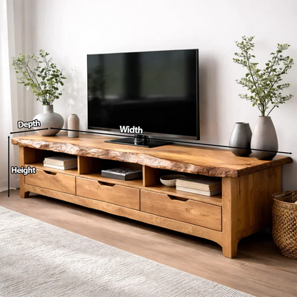 Live Edge Solid Wood TV Stand with Drawers and Open Storage - Woodenecho