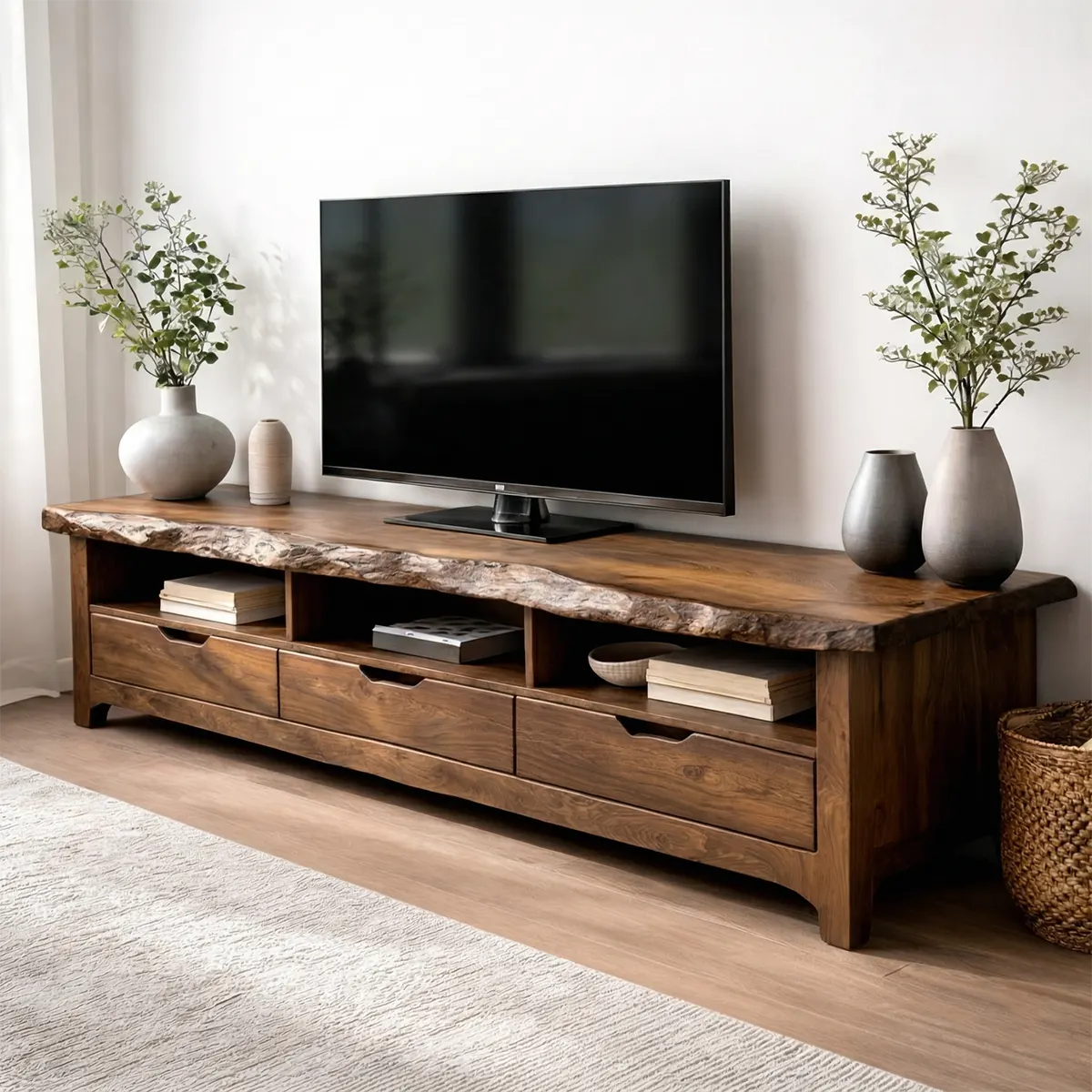 Live Edge Solid Wood TV Stand with Drawers and Open Storage - Woodenecho