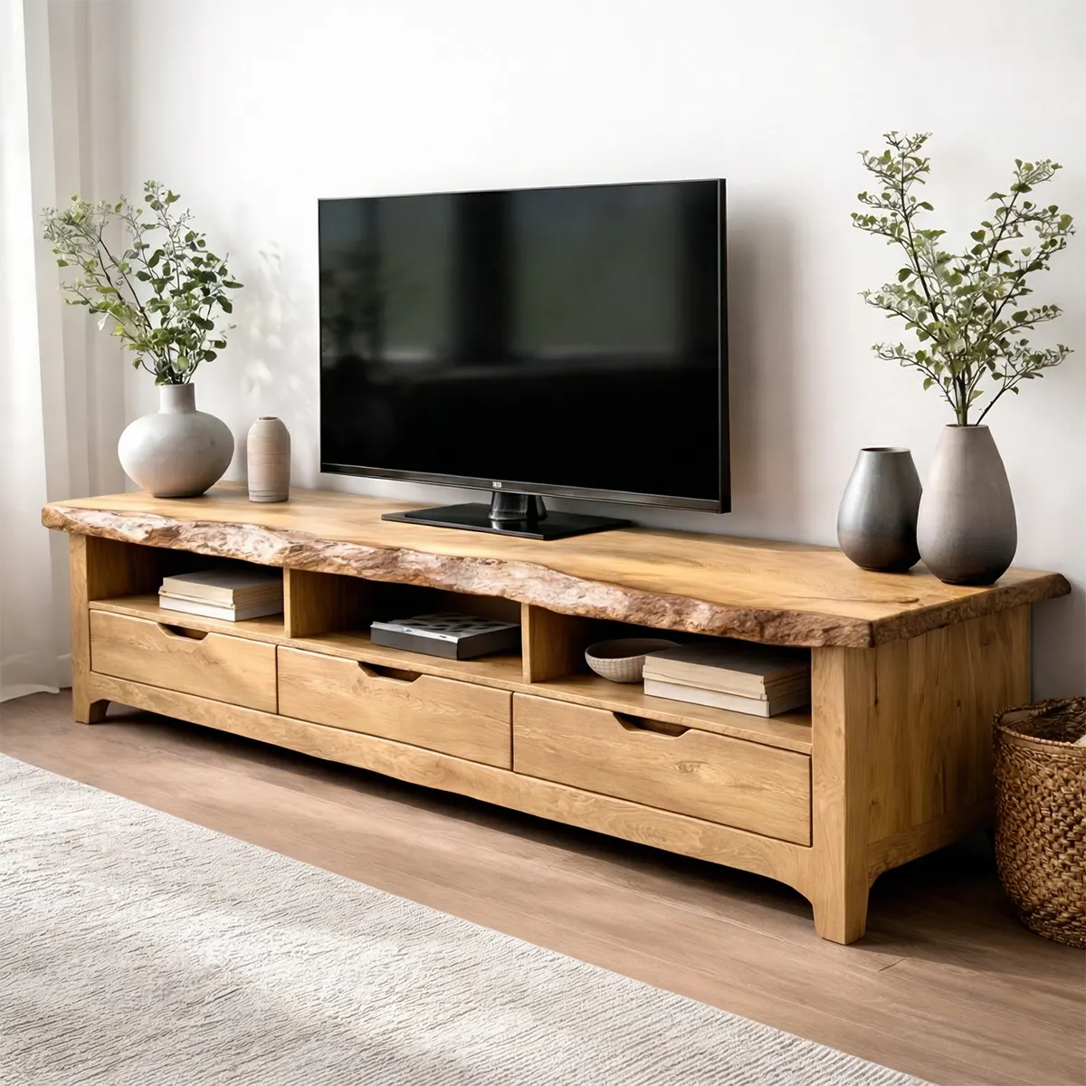 Live Edge Solid Wood TV Stand with Drawers and Open Storage - Woodenecho