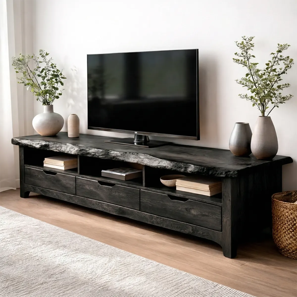 Live Edge Solid Wood TV Stand with Drawers and Open Storage - Woodenecho