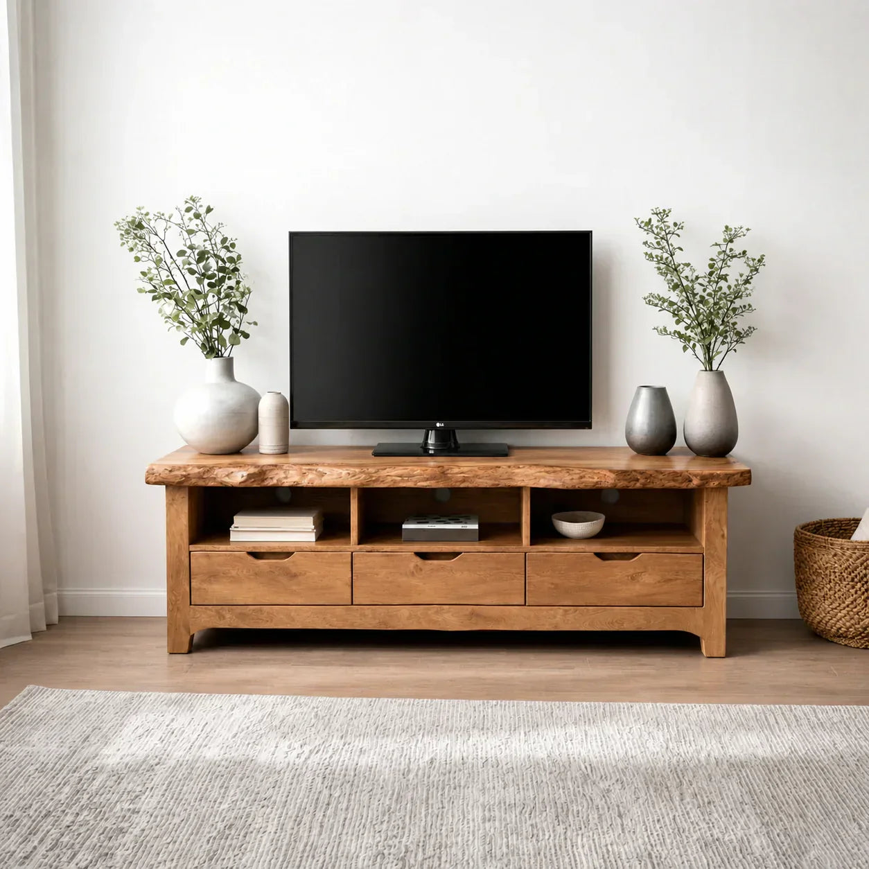 Live Edge Solid Wood TV Stand with Drawers and Open Storage - Woodenecho