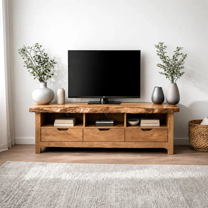 Live Edge Solid Wood TV Stand with Drawers and Open Storage - Woodenecho