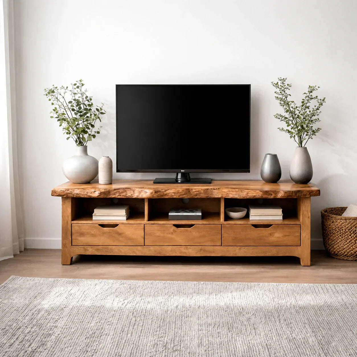 Live Edge Solid Wood TV Stand with Drawers and Open Storage - Woodenecho