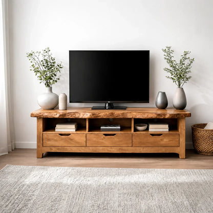 Live Edge Solid Wood TV Stand with Drawers and Open Storage - Woodenecho