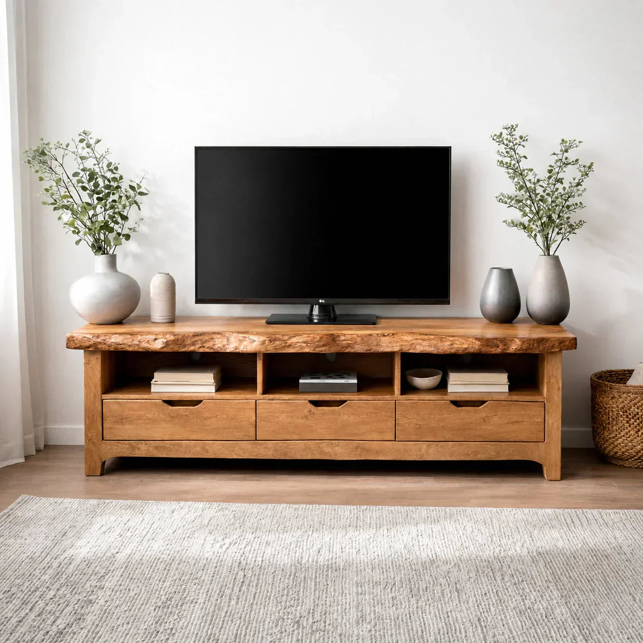 Live Edge Solid Wood TV Stand with Drawers and Open Storage - Woodenecho