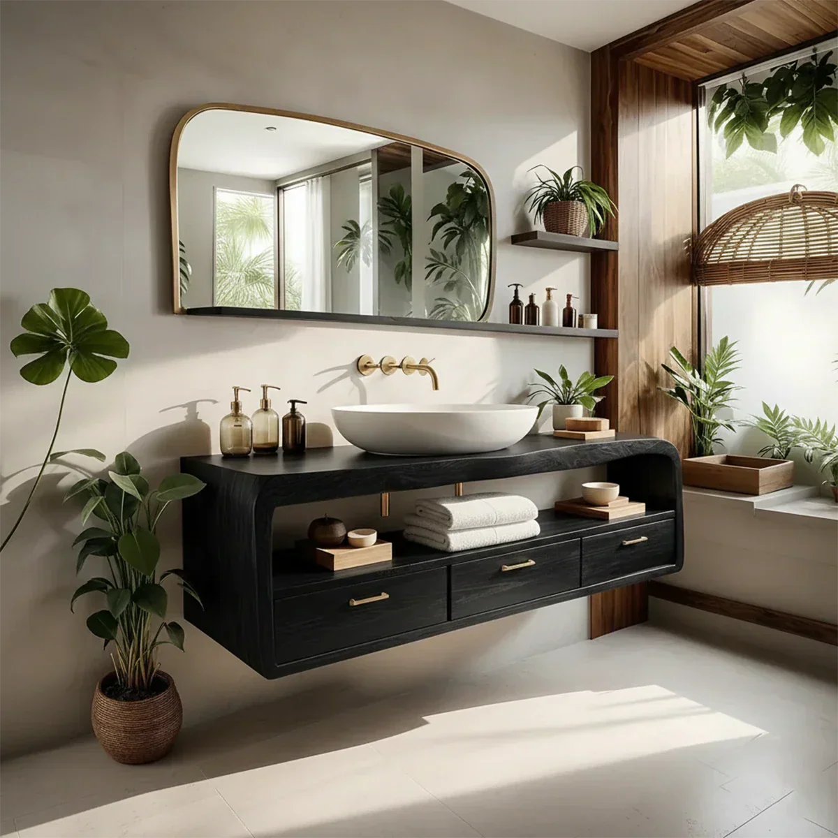 Live-Edge Walnut Finish Floating Bathroom Vanity - Solid Wood Bathroom Cabinet - Rustirawood