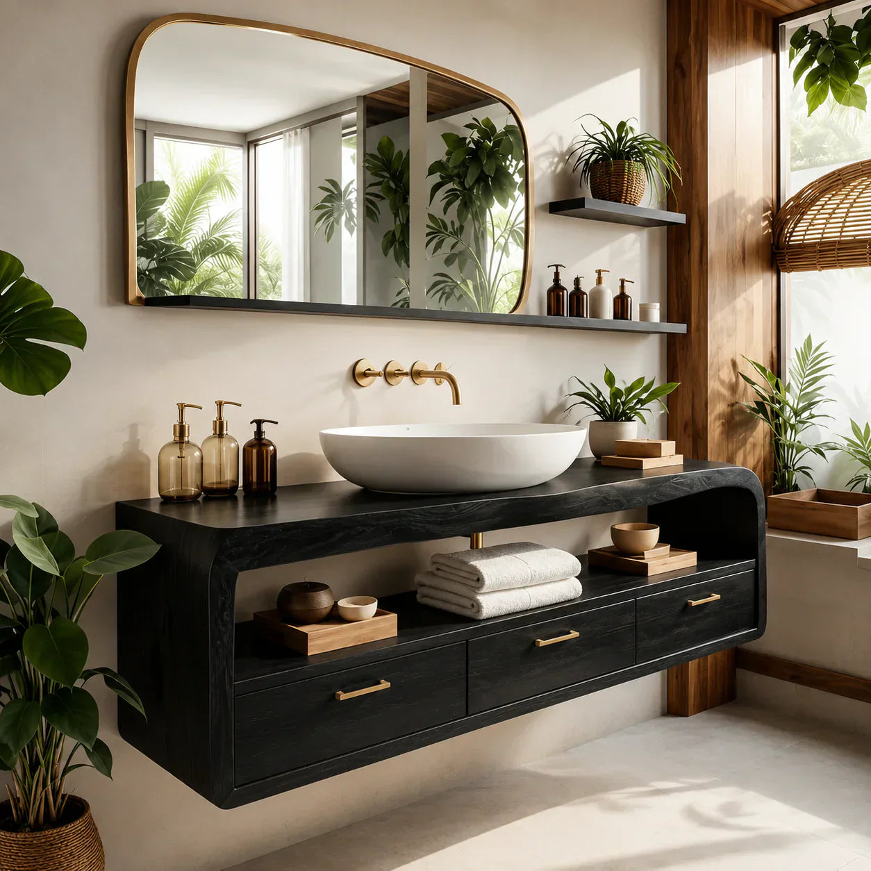 Live-Edge Walnut Finish Floating Bathroom Vanity - Solid Wood Bathroom Cabinet - Woodenecho
