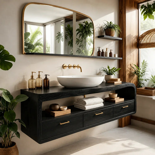 Live-Edge Walnut Finish Floating Bathroom Vanity - Solid Wood Bathroom Cabinet - Woodenecho