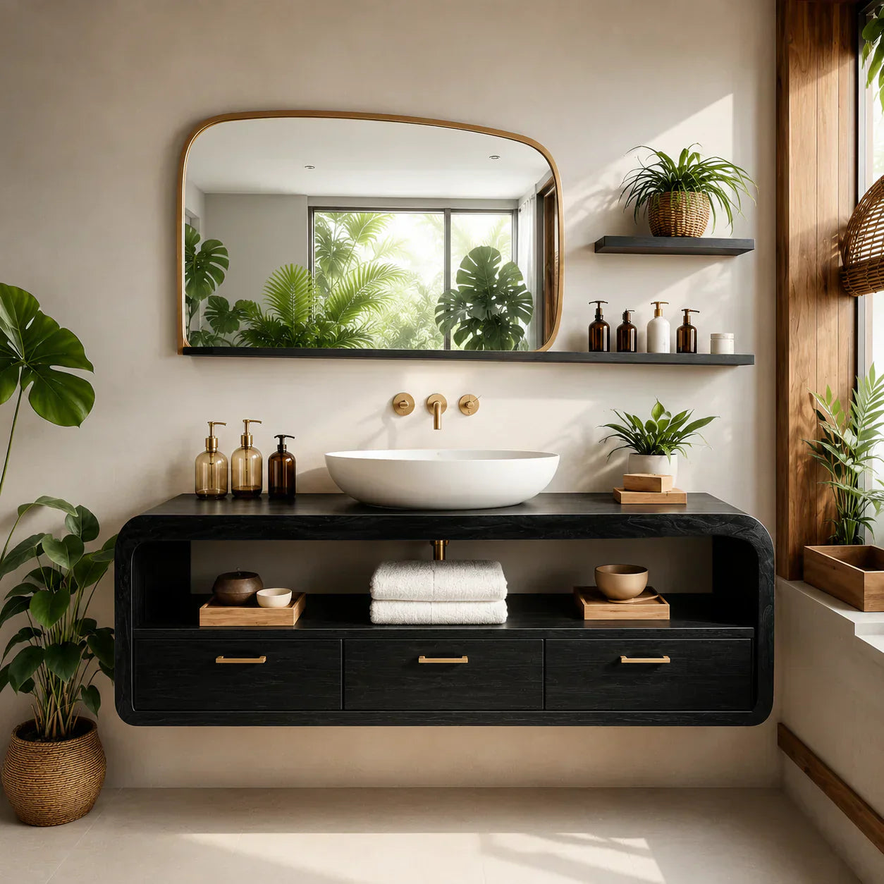 Live-Edge Walnut Finish Floating Bathroom Vanity - Solid Wood Bathroom Cabinet - Woodenecho