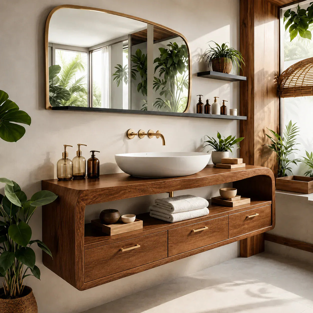 Live-Edge Walnut Finish Floating Bathroom Vanity - Solid Wood Bathroom Cabinet - Woodenecho