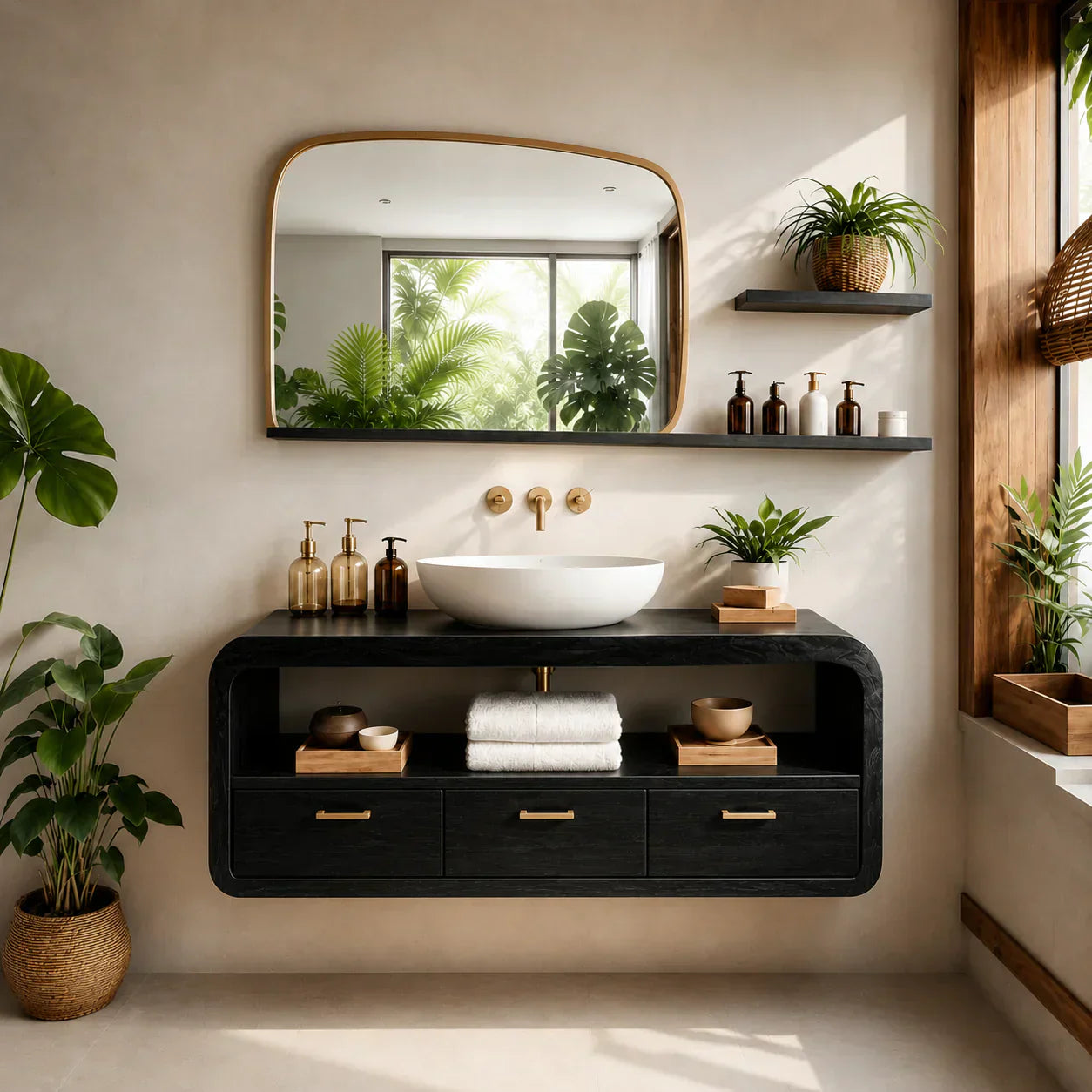 Live-Edge Walnut Finish Floating Bathroom Vanity - Solid Wood Bathroom Cabinet - Woodenecho