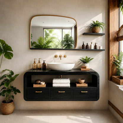 Live-Edge Walnut Finish Floating Bathroom Vanity - Solid Wood Bathroom Cabinet - Woodenecho