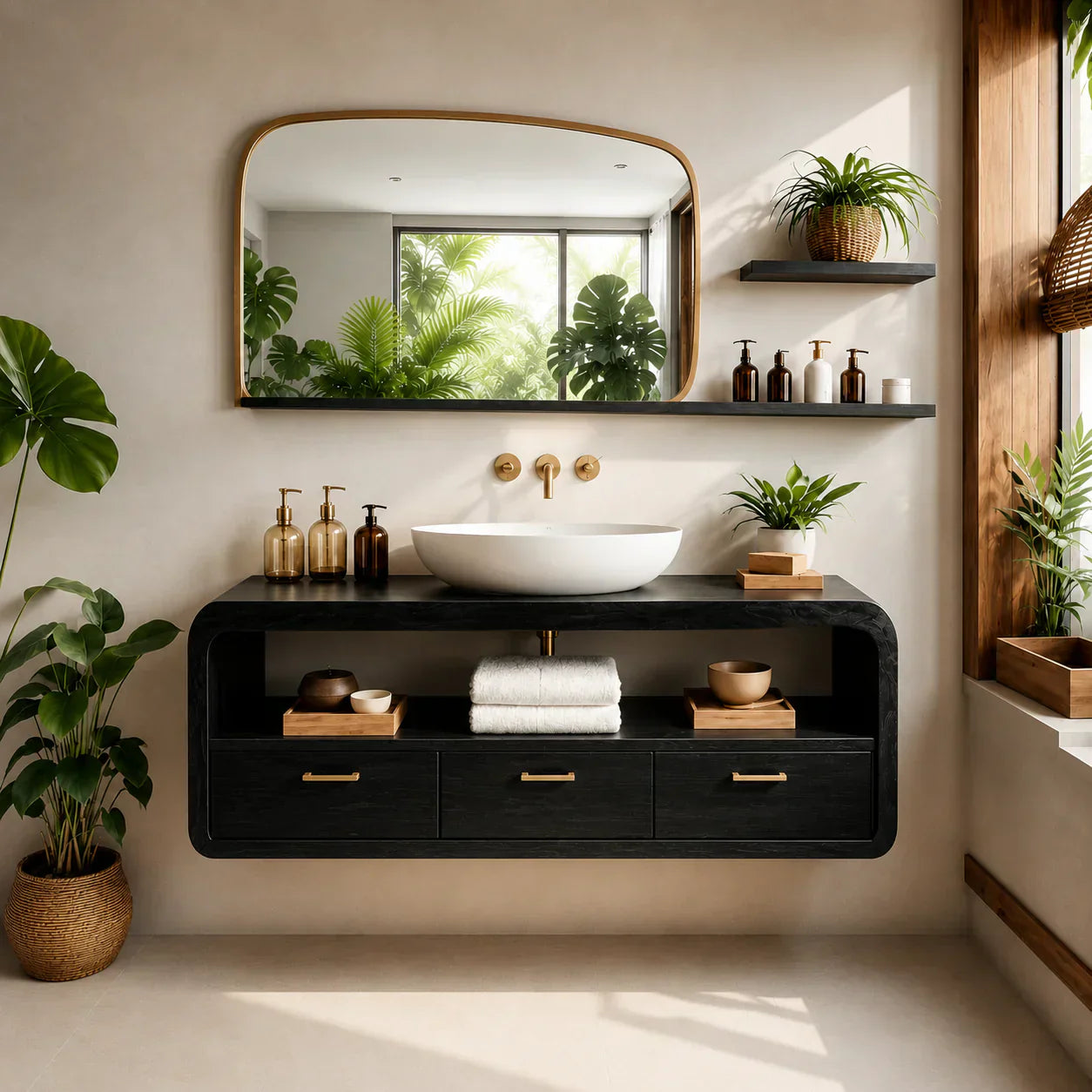 Live-Edge Walnut Finish Floating Bathroom Vanity - Solid Wood Bathroom Cabinet - Woodenecho