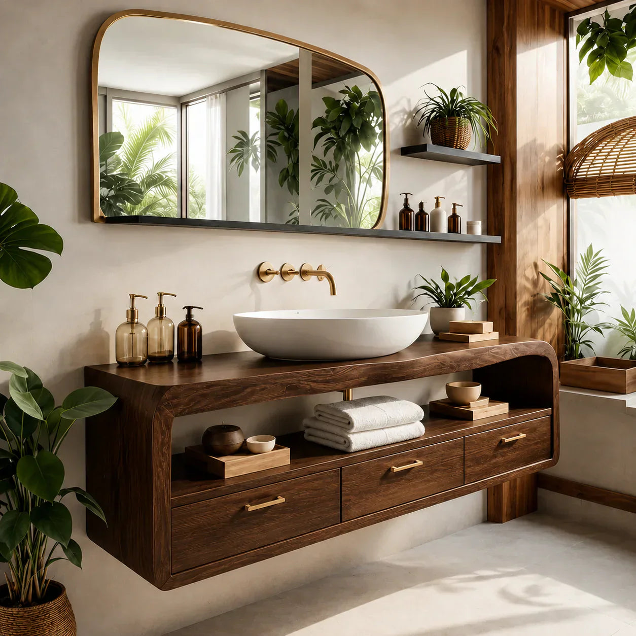Live-Edge Walnut Finish Floating Bathroom Vanity - Solid Wood Bathroom Cabinet - Woodenecho