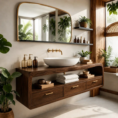 Live-Edge Walnut Finish Floating Bathroom Vanity - Solid Wood Bathroom Cabinet - Woodenecho