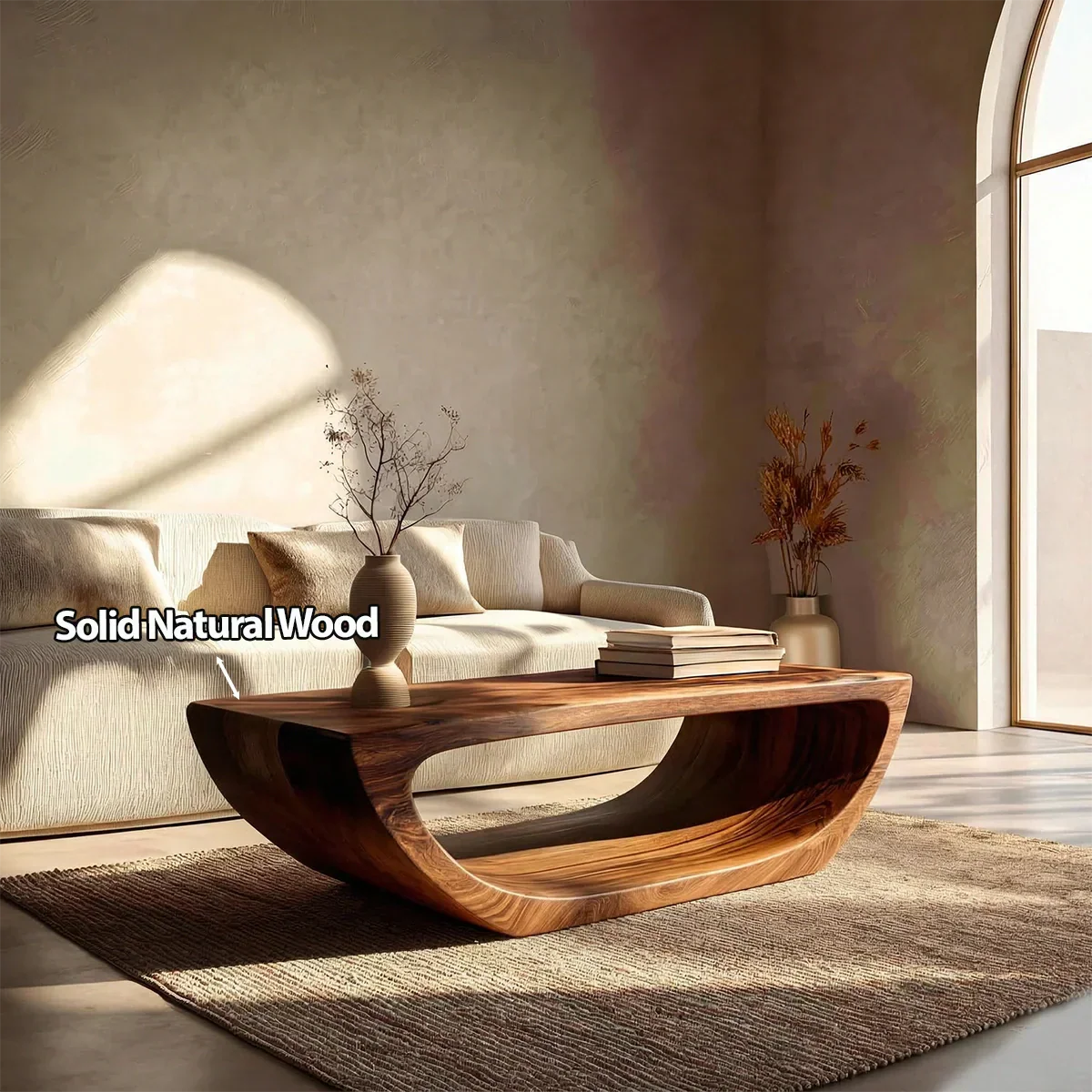 Long Sculptural Hollow Coffee Table in Organic Modern Natural Solid Wood - Rustirawood
