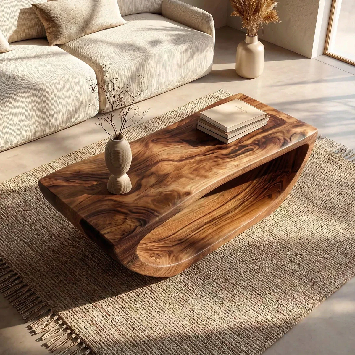 Long Sculptural Hollow Coffee Table in Organic Modern Natural Solid Wood - Rustirawood