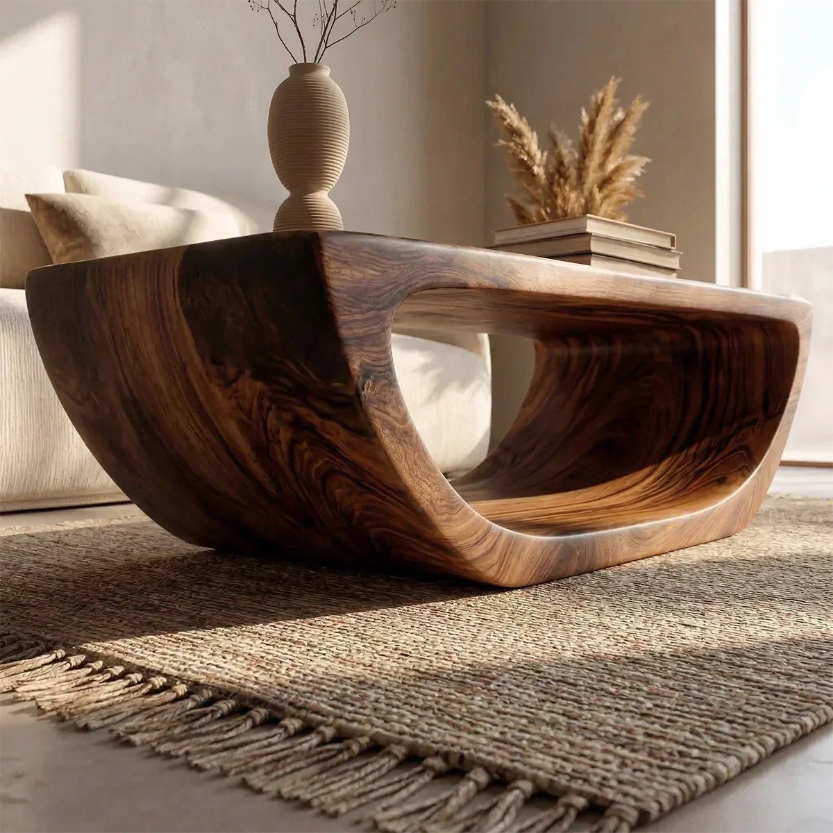 Long Sculptural Hollow Coffee Table in Organic Modern Natural Solid Wood - Rustirawood