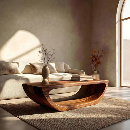 Long Sculptural Hollow Coffee Table in Organic Modern Natural Solid Wood - Rustirawood