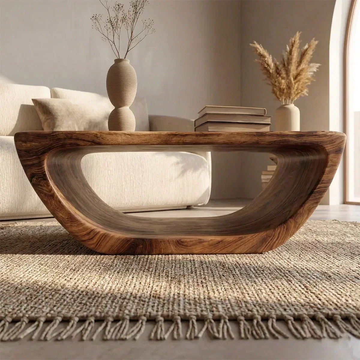 Long Sculptural Hollow Coffee Table in Organic Modern Natural Solid Wood - Woodenecho