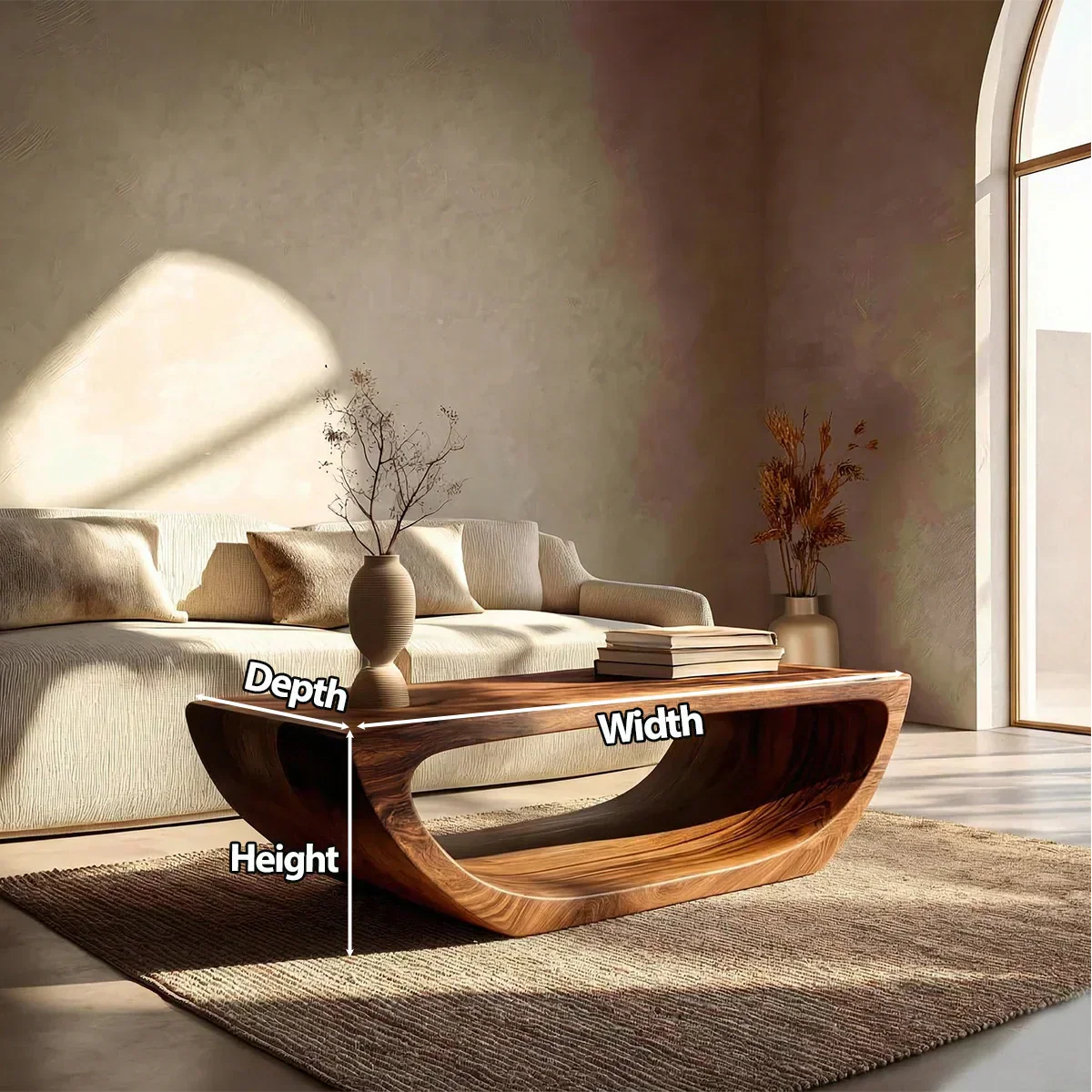 Long Sculptural Hollow Coffee Table in Organic Modern Natural Solid Wood - Woodenecho