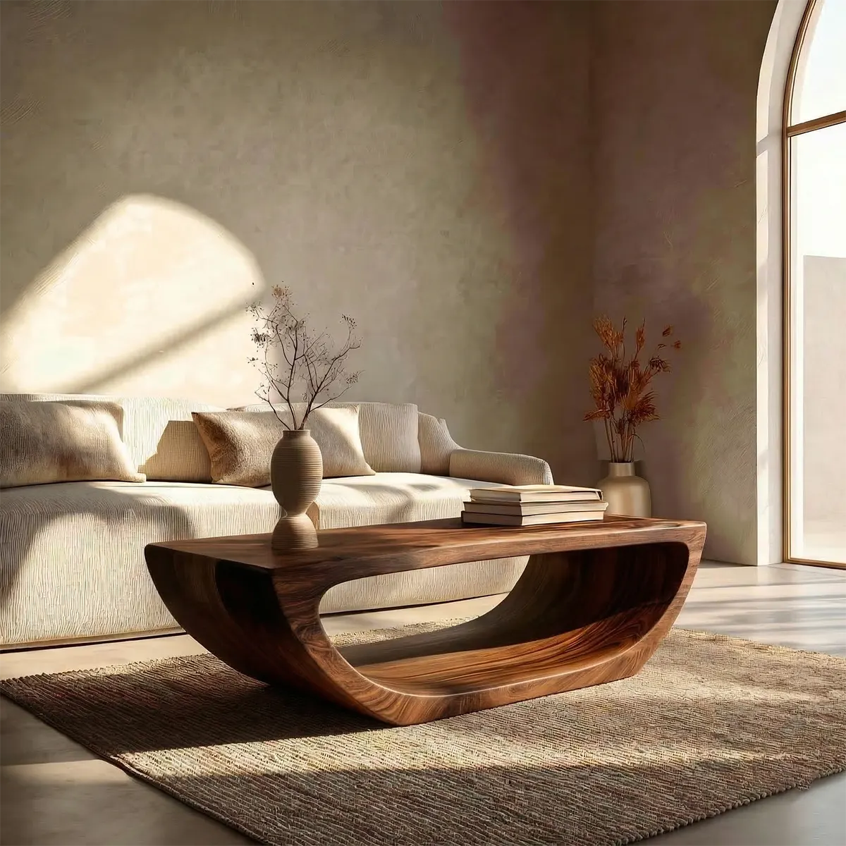 Long Sculptural Hollow Coffee Table in Organic Modern Natural Solid Wood - Woodenecho