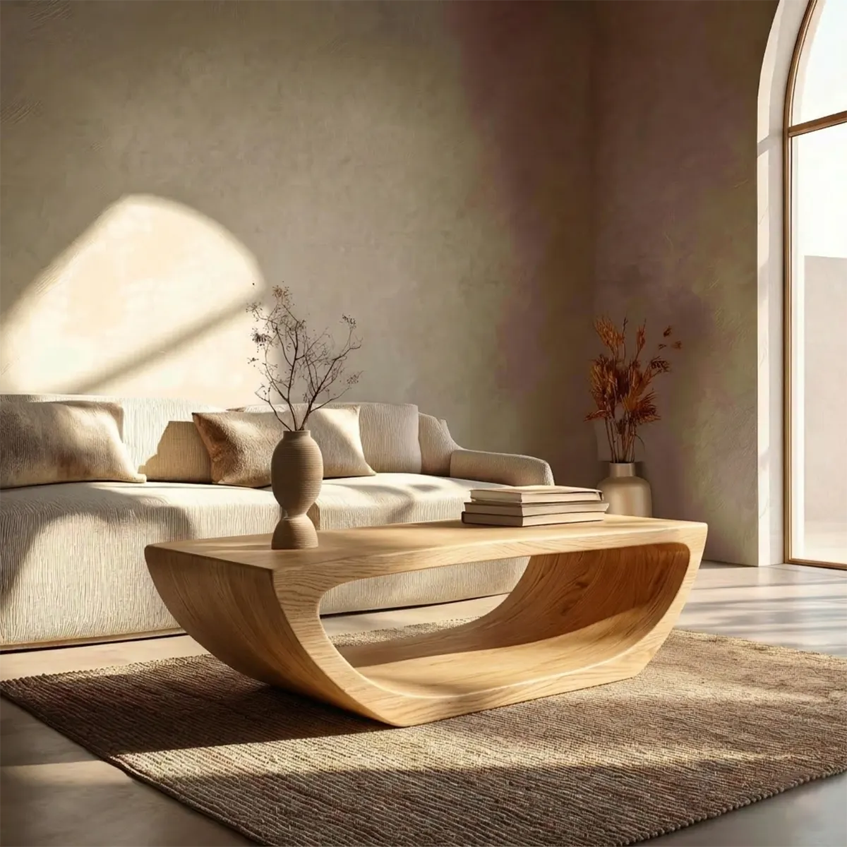 Long Sculptural Hollow Coffee Table in Organic Modern Natural Solid Wood - Woodenecho