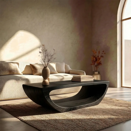 Long Sculptural Hollow Coffee Table in Organic Modern Natural Solid Wood - Woodenecho