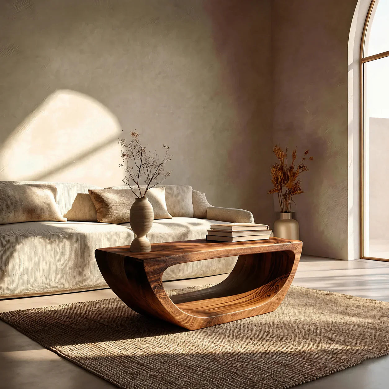 Long Sculptural Hollow Coffee Table in Organic Modern Natural Solid Wood - Woodenecho