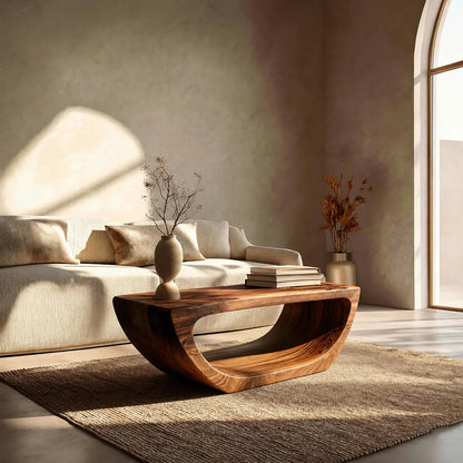 Long Sculptural Hollow Coffee Table in Organic Modern Natural Solid Wood - Woodenecho
