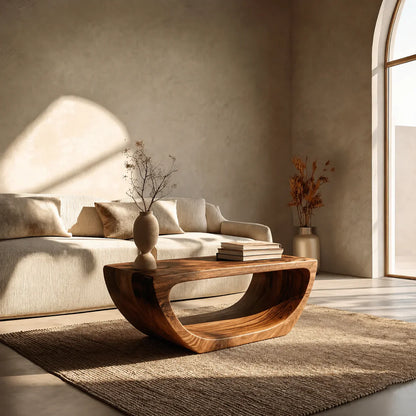 Long Sculptural Hollow Coffee Table in Organic Modern Natural Solid Wood - Woodenecho