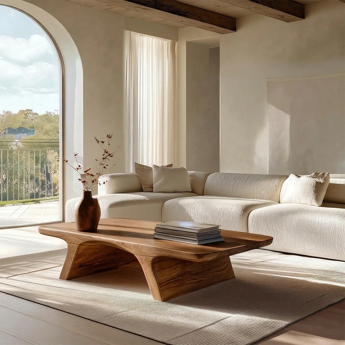 Low Profile Natural Solid Wood Coffee Table with Sculptural Base - Rustirawood