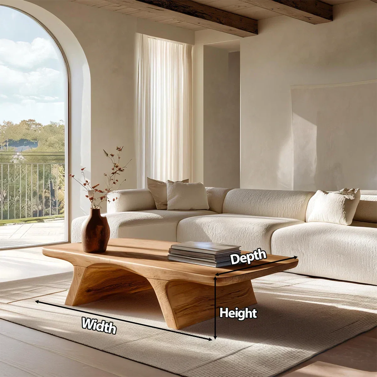 Low Profile Natural Solid Wood Coffee Table with Sculptural Base - Rustirawood