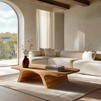 Low Profile Natural Solid Wood Coffee Table with Sculptural Base - Woodenecho