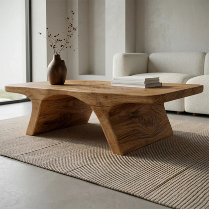 Low Profile Natural Solid Wood Coffee Table with Sculptural Base - Woodenecho