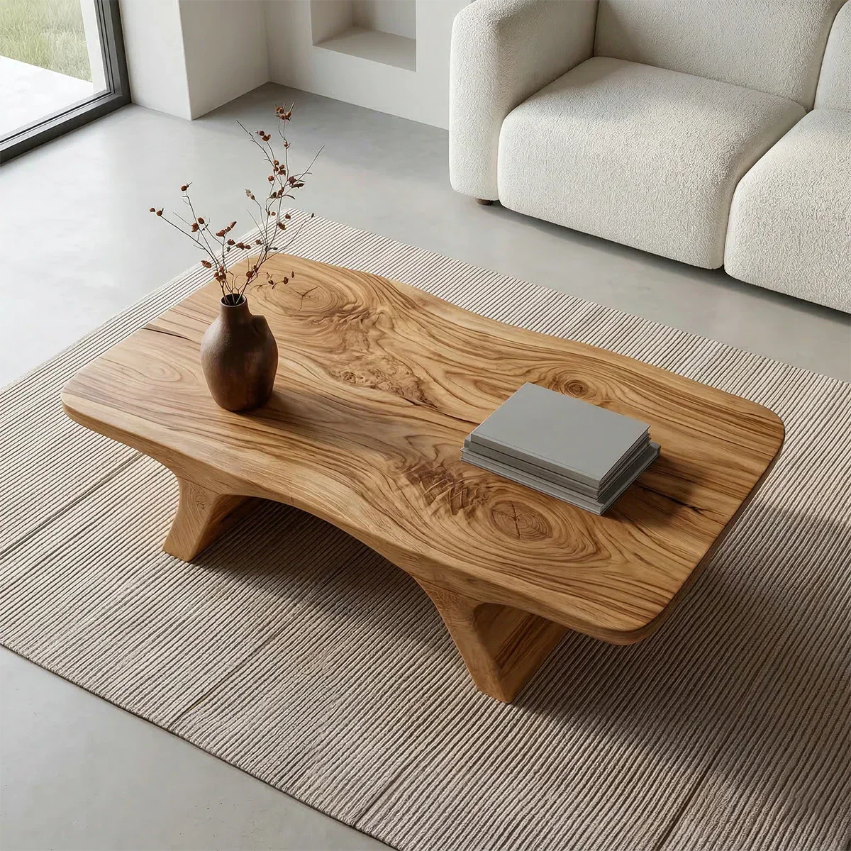 Low Profile Natural Solid Wood Coffee Table with Sculptural Base - Woodenecho