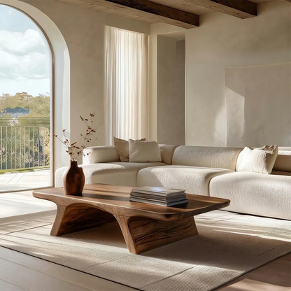 Low Profile Natural Solid Wood Coffee Table with Sculptural Base - Woodenecho