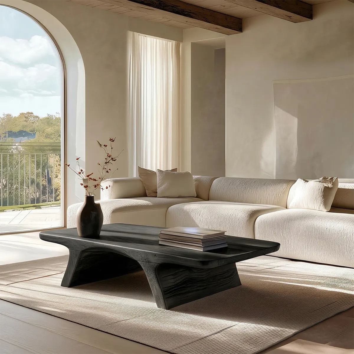 Low Profile Natural Solid Wood Coffee Table with Sculptural Base - Woodenecho