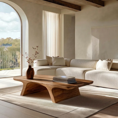 Low Profile Natural Solid Wood Coffee Table with Sculptural Base - Woodenecho