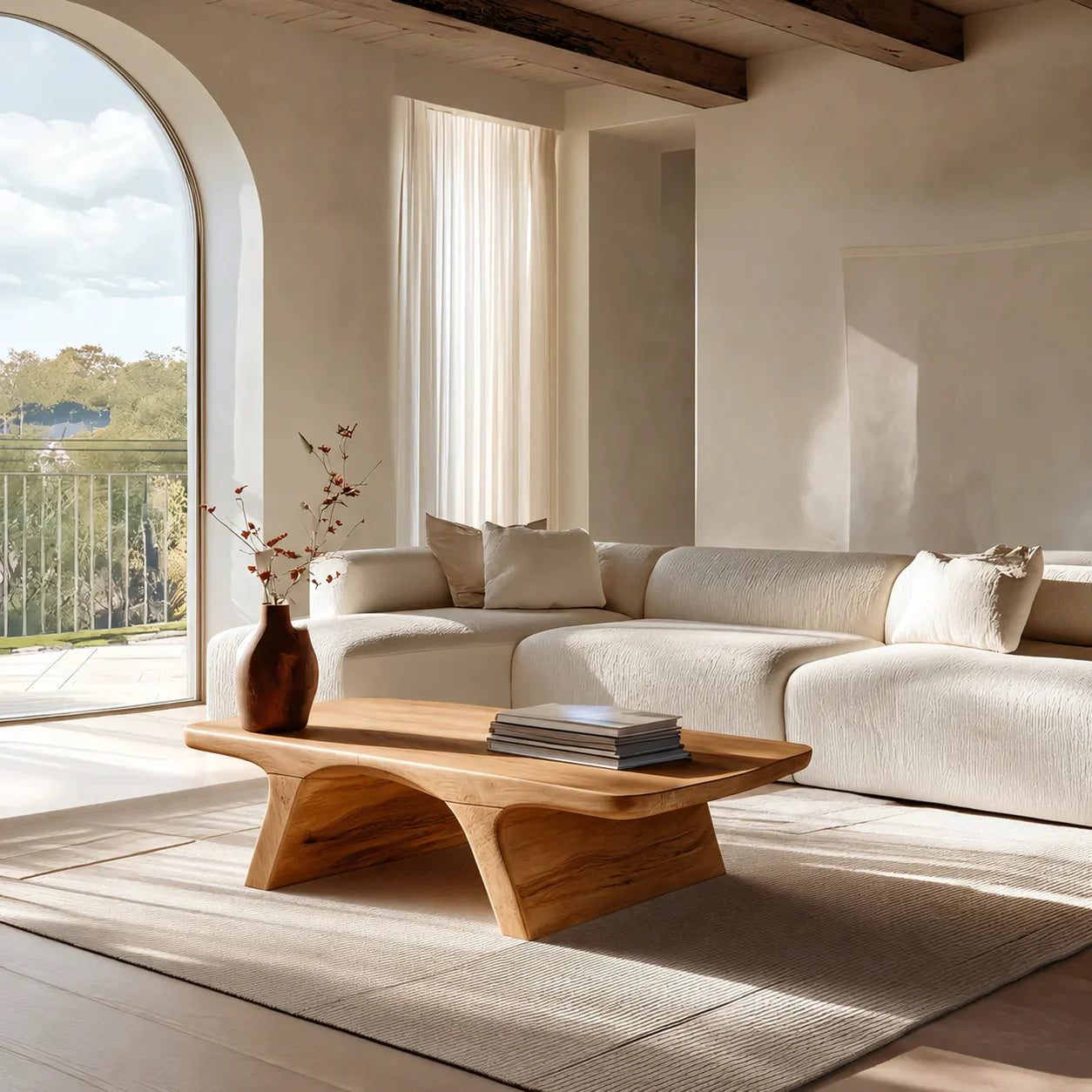 Low Profile Natural Solid Wood Coffee Table with Sculptural Base - Woodenecho