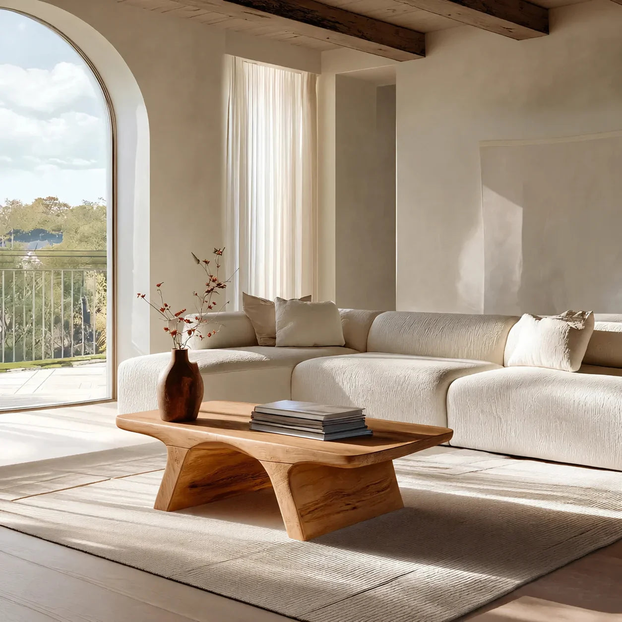 Low Profile Natural Solid Wood Coffee Table with Sculptural Base - Woodenecho