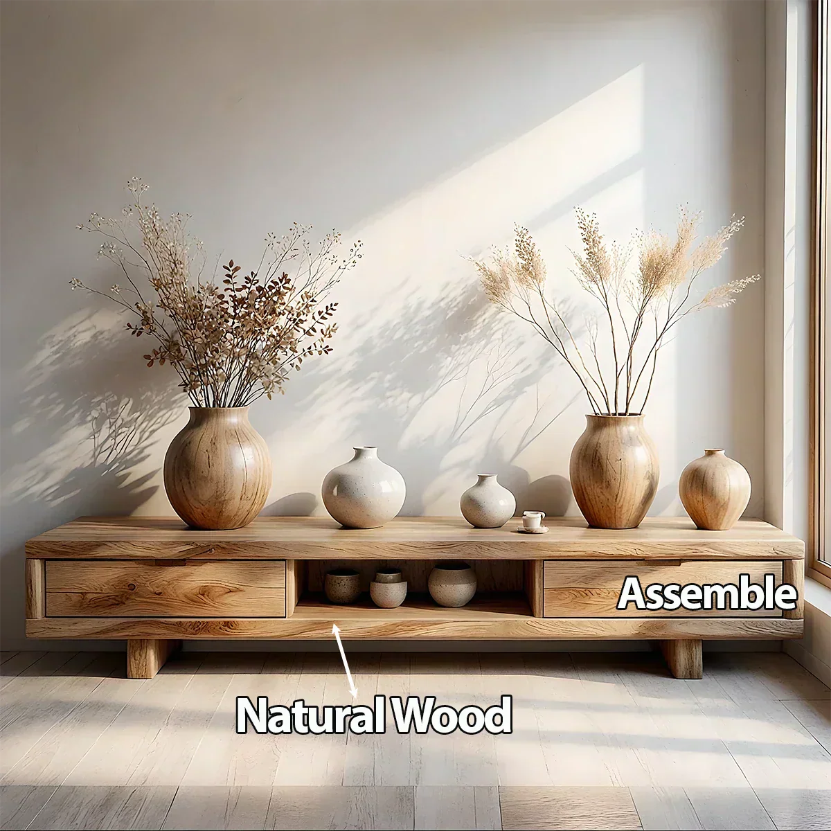 Low Solid Wood Japandi TV Stand – Minimal Zen Media Console - Rustirawood