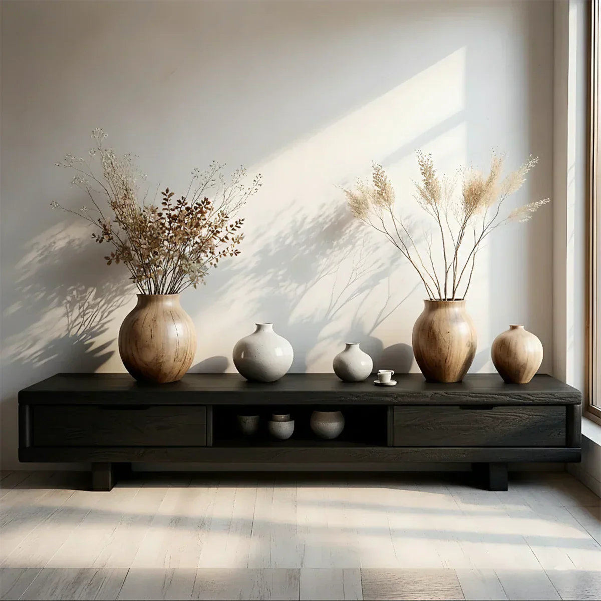 Low Solid Wood Japandi TV Stand – Minimal Zen Media Console - Rustirawood