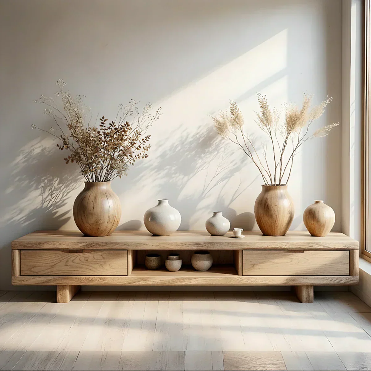 Low Solid Wood Japandi TV Stand – Minimal Zen Media Console - Rustirawood