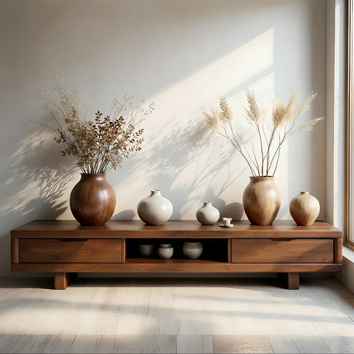 Low Solid Wood Japandi TV Stand – Minimal Zen Media Console - Rustirawood