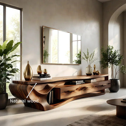 Luxury Wave-Carved Solid Wood TV Stand - Organic Modern Media Console - Rustirawood