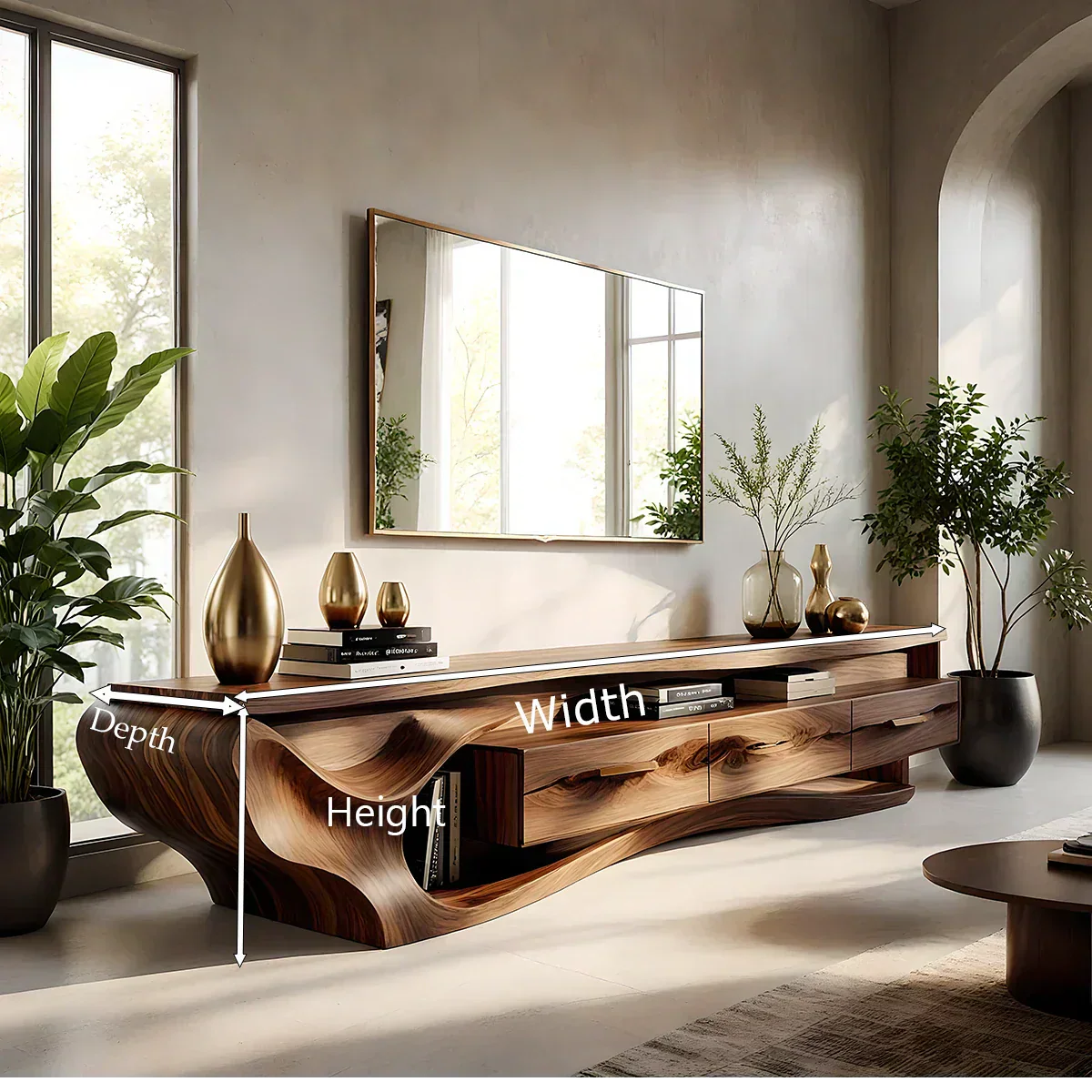 Luxury Wave-Carved Solid Wood TV Stand - Organic Modern Media Console - Rustirawood
