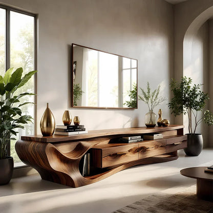 Luxury Wave-Carved Solid Wood TV Stand - Organic Modern Media Console - Rustirawood