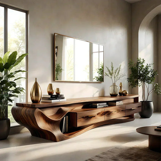 Luxury Wave-Carved Solid Wood TV Stand - Organic Modern Media Console - Woodenecho