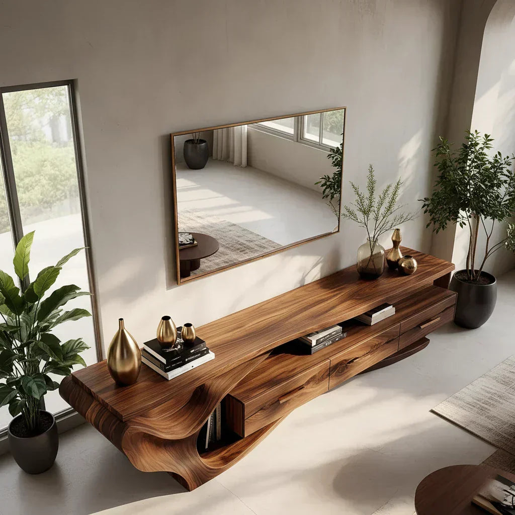 Luxury Wave-Carved Solid Wood TV Stand - Organic Modern Media Console - Woodenecho